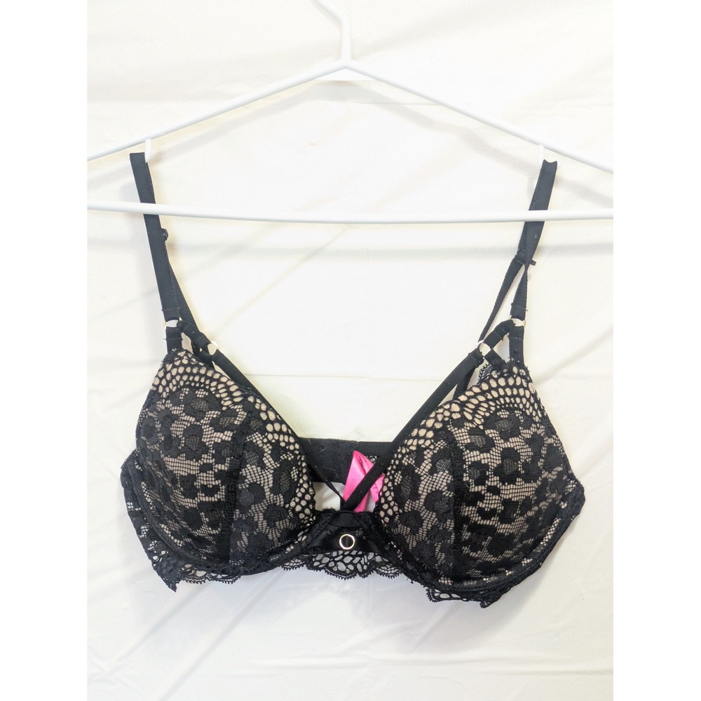 La Senza BEYOND SEXY Lace Overlay‎ Plunge Bra Black Nude Size 34C